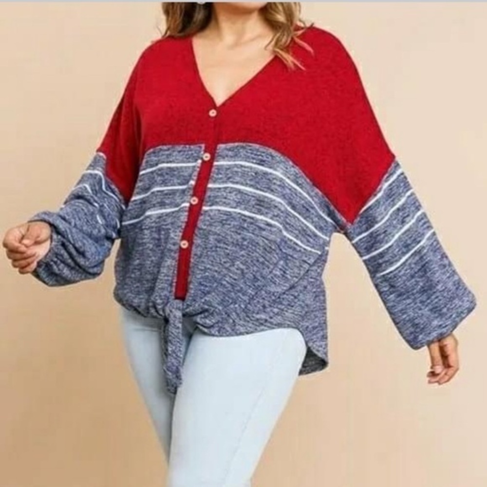 Umgee Women's Red Blue Striped Button Tie Front Sweater Cardigan EUC S #1169